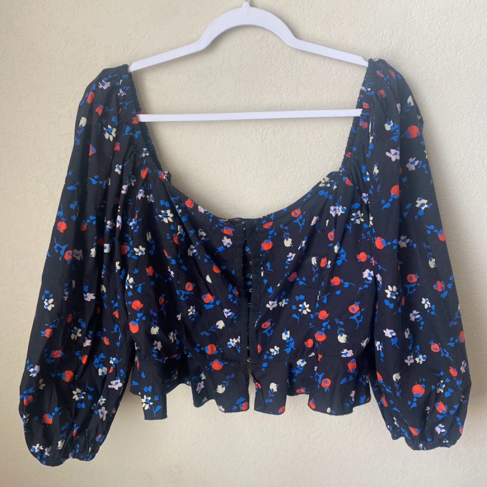 ASOS Floral Bustier Crop Top with Long Puff Sleeves, Flare Style, Size US18